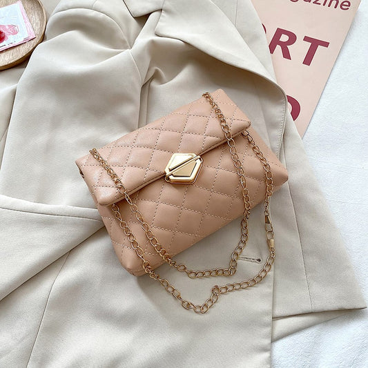 Women Fashion Argyle Stitching Metal Chain Crossbody Bag