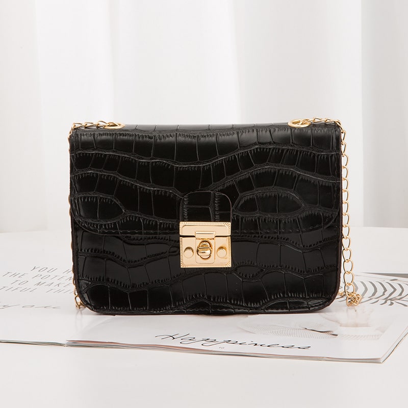 Women Simple Style Solid Color Crocodile Pattern Metal Chain Crossbody Bag
