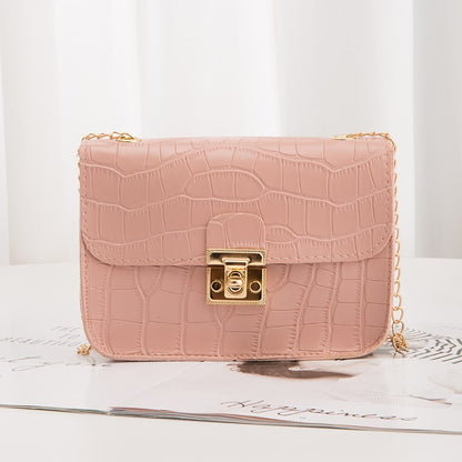 Women Simple Style Solid Color Crocodile Pattern Metal Chain Crossbody Bag