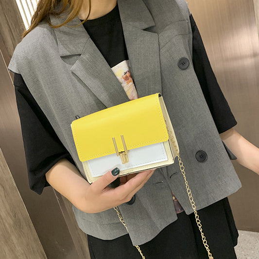 Women Color Blocking Metal Chain Square Crossbody Bag