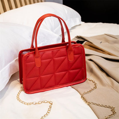 Women Edgy Solid Color Diamond Grid PU Handle Crossbody Bag