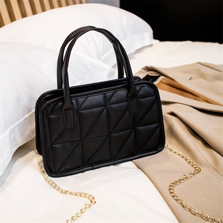 Women Edgy Solid Color Diamond Grid PU Handle Crossbody Bag