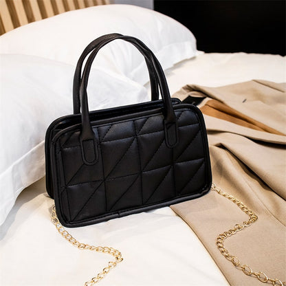 Women Edgy Solid Color Diamond Grid PU Handle Crossbody Bag