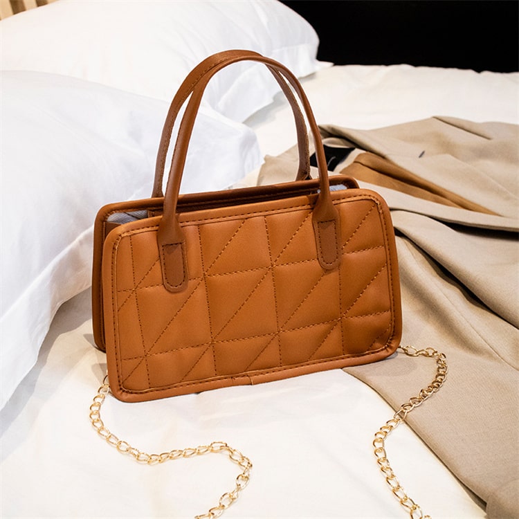Women Edgy Solid Color Diamond Grid PU Handle Crossbody Bag