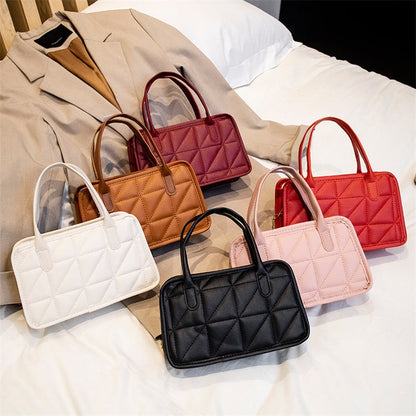 Women Edgy Solid Color Diamond Grid PU Handle Crossbody Bag