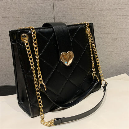 Women Elegant Solid Color Diamond Grid Stitching Heart-shaped Metal Buckle PU Crossbody Shoulder Bag