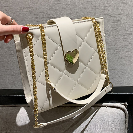 Women Elegant Solid Color Diamond Grid Stitching Heart-shaped Metal Buckle PU Crossbody Shoulder Bag