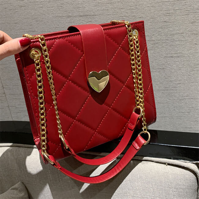 Women Elegant Solid Color Diamond Grid Stitching Heart-shaped Metal Buckle PU Crossbody Shoulder Bag