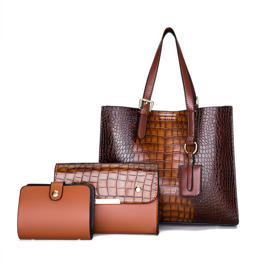 3 In 1 Women Vintage Color Blocking crocodile Pattern Large Capacity PU Shoulder Handle Bag