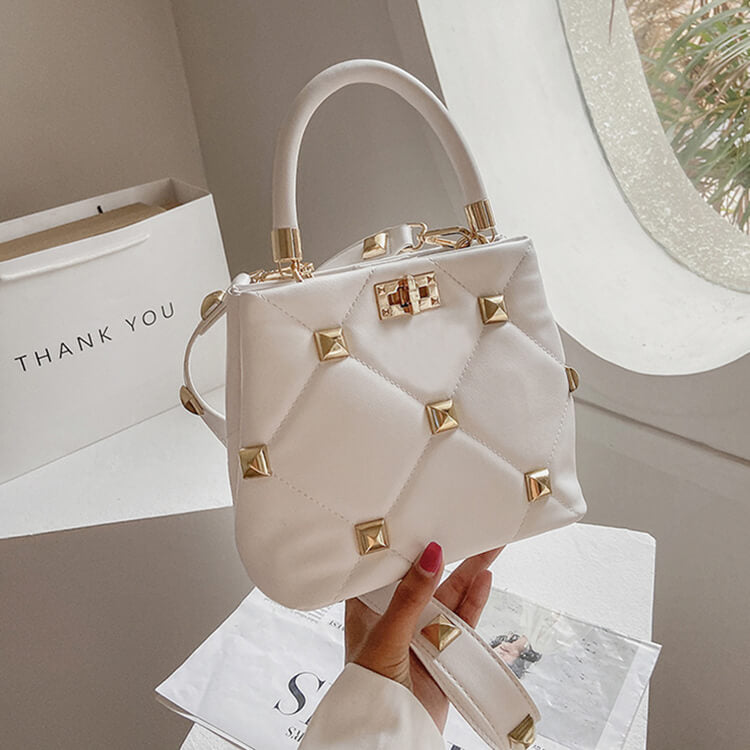 Women Chic Rivet Design Solid Color PU Handle Crossbody Bag