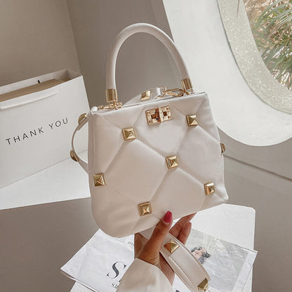 Women Chic Rivet Design Solid Color PU Handle Crossbody Bag