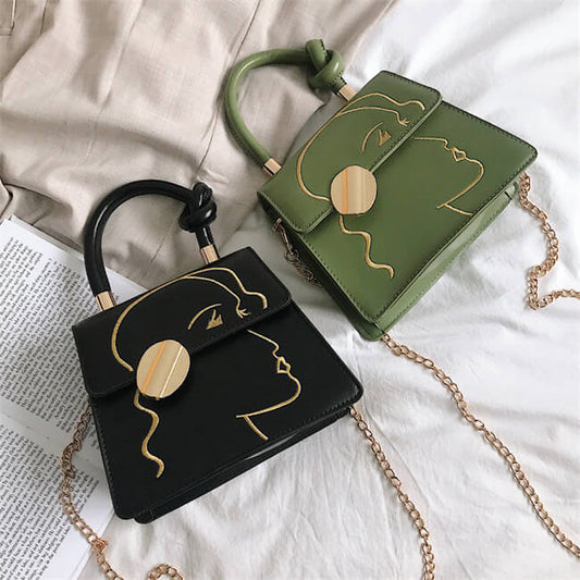 Women Vintage Chain Embroidery Design Solid Color PU Handle Crossbody Bag