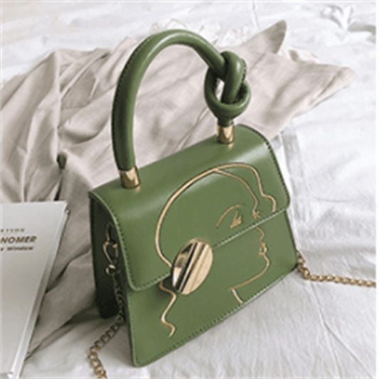 Women Vintage Chain Embroidery Design Solid Color PU Handle Crossbody Bag