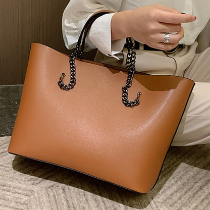 Sac à bandoulière décontracté en PU pour femme, couleur unie, avec poignée en chaîne métallique, grande capacité