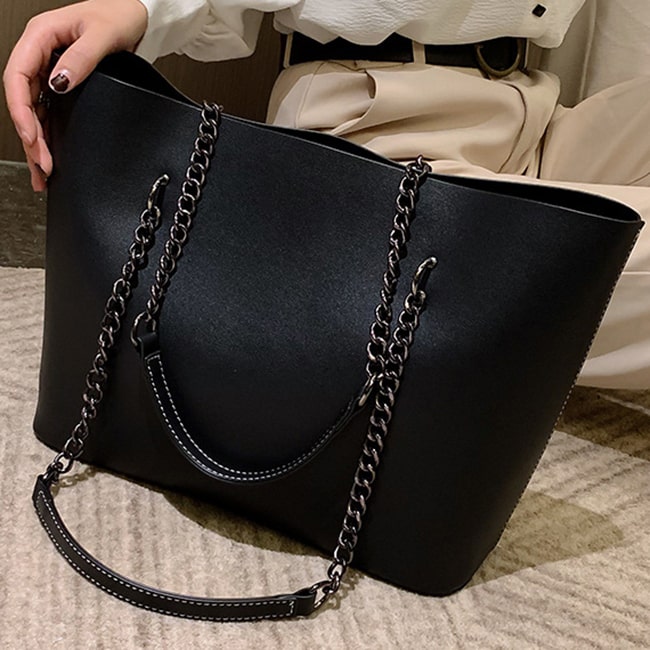 Sac à bandoulière décontracté en PU pour femme, couleur unie, avec poignée en chaîne métallique, grande capacité