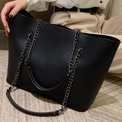 Sac à bandoulière décontracté en PU pour femme, couleur unie, avec poignée en chaîne métallique, grande capacité