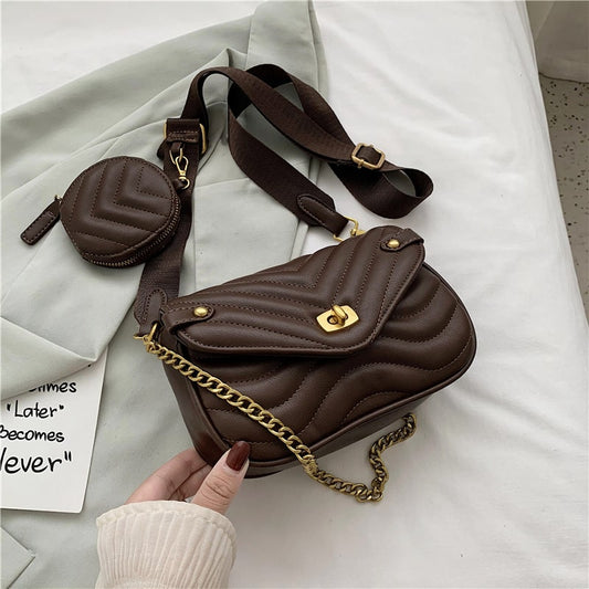 2 In 1 Women Chic Casual Wide Strap Qulited Design Metal Chain Solid Color Flap Crossbody Bag