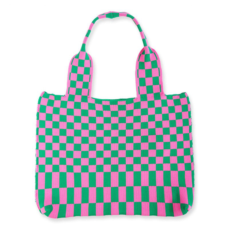 Sac à bandoulière décontracté en tricot à carreaux pour femme, grande capacité 