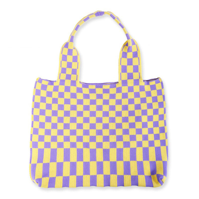 Sac à bandoulière décontracté en tricot à carreaux pour femme, grande capacité 