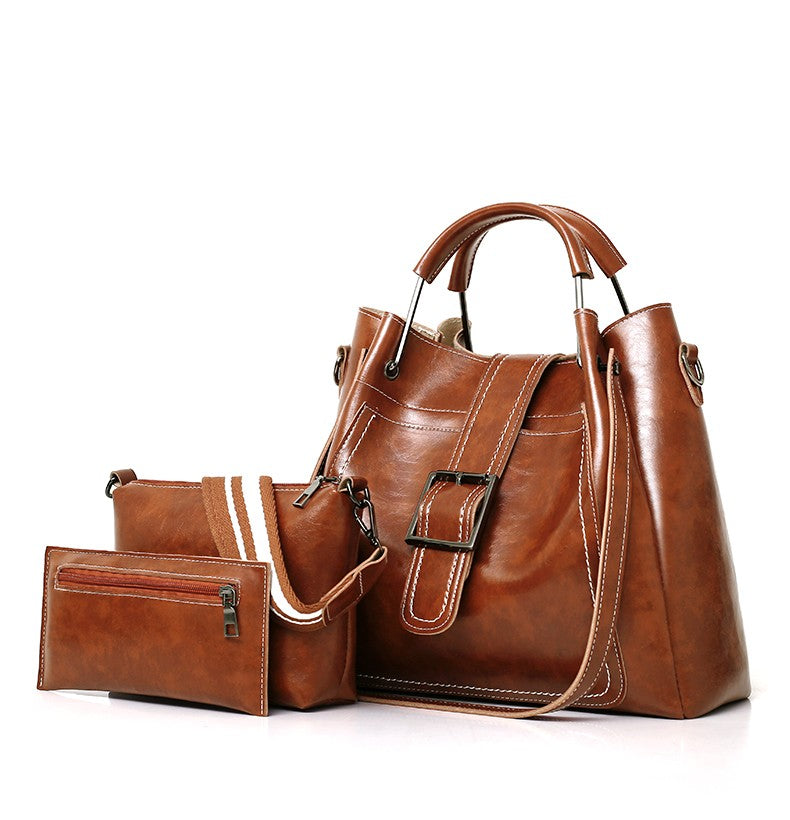 3 In 1 Women Fashion Belt Buckle Decorative Solid Pu Tote Bag Three Piece Set