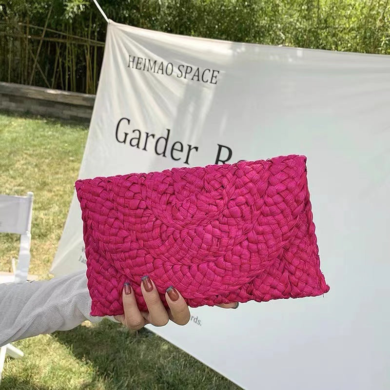 Women Pastoral Woven Design Straw Purse Clutch Bag