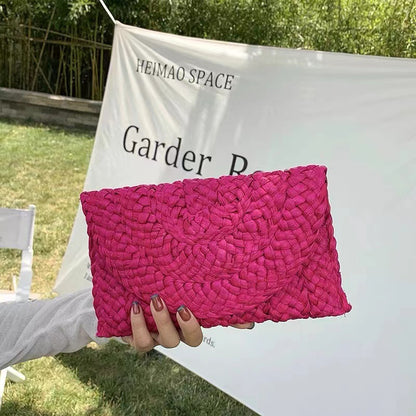 Women Pastoral Woven Design Straw Purse Clutch Bag