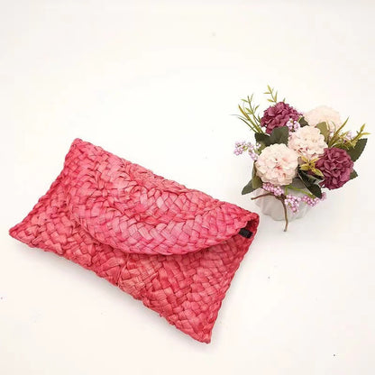 Women Pastoral Woven Design Straw Purse Clutch Bag