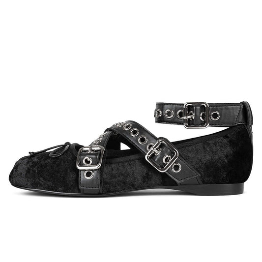 Black Velvet Square Toe Grommet Buckle Strappy Ballet Flats with Bow