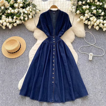 Stylish Summer Advanced Deep V-neck Waist Slim Pleated Casual Denim Dress TP2838