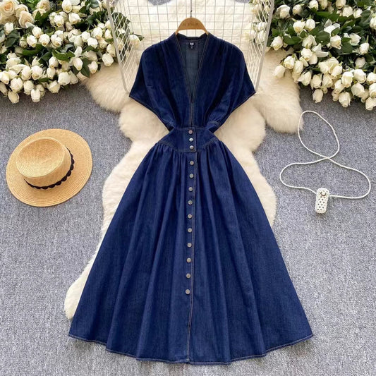 Stylish Summer Advanced Deep V-neck Waist Slim Pleated Casual Denim Dress TP2838