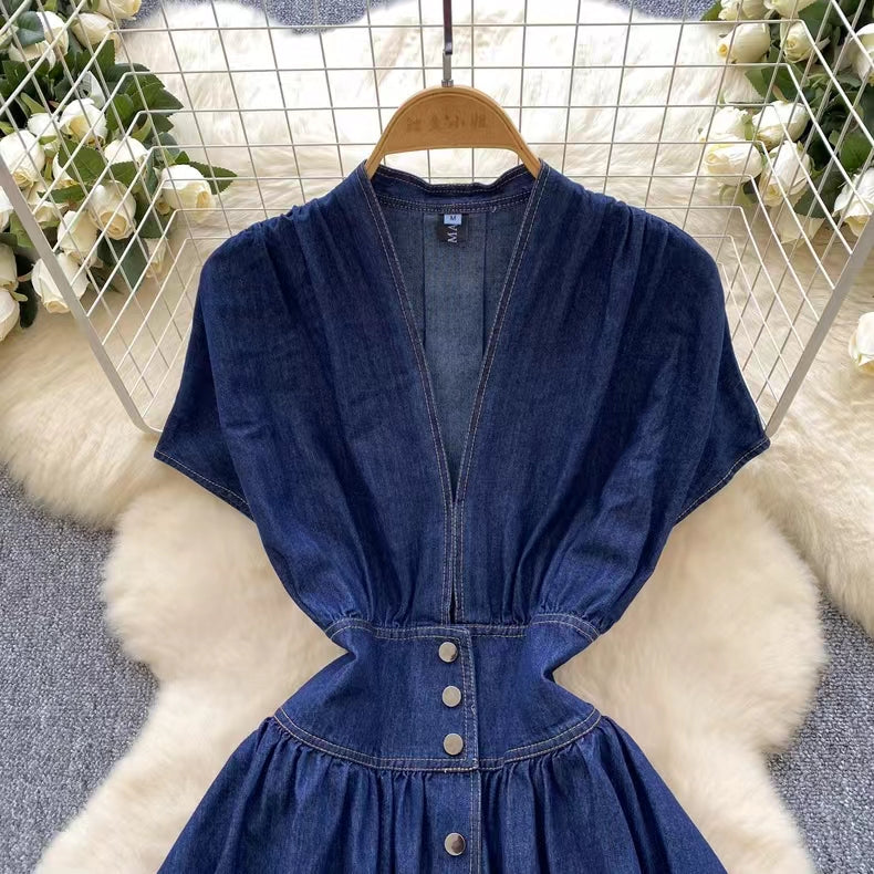Stylish Summer Advanced Deep V-neck Waist Slim Pleated Casual Denim Dress TP2838