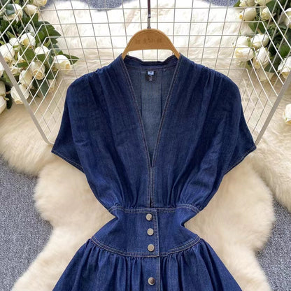 Stylish Summer Advanced Deep V-neck Waist Slim Pleated Casual Denim Dress TP2838