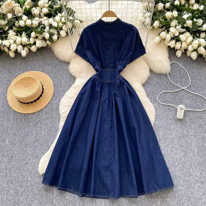 Stylish Summer Advanced Deep V-neck Waist Slim Pleated Casual Denim Dress TP2838