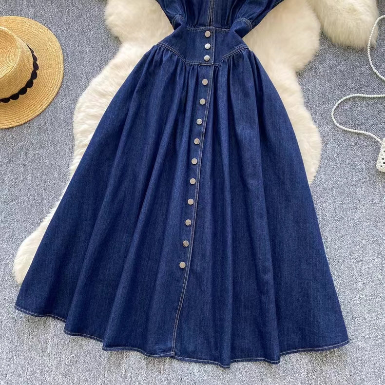 Stylish Summer Advanced Deep V-neck Waist Slim Pleated Casual Denim Dress TP2838