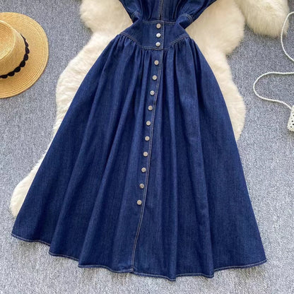Stylish Summer Advanced Deep V-neck Waist Slim Pleated Casual Denim Dress TP2838