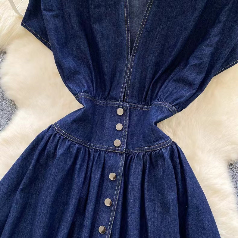 Stylish Summer Advanced Deep V-neck Waist Slim Pleated Casual Denim Dress TP2838