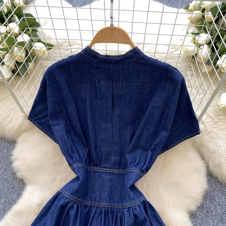 Stylish Summer Advanced Deep V-neck Waist Slim Pleated Casual Denim Dress TP2838