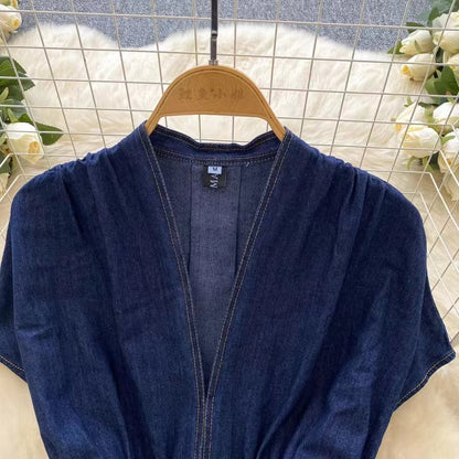 Stylish Summer Advanced Deep V-neck Waist Slim Pleated Casual Denim Dress TP2838