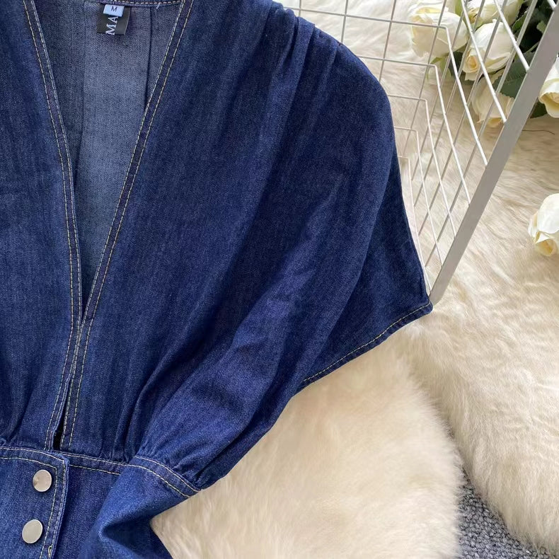 Stylish Summer Advanced Deep V-neck Waist Slim Pleated Casual Denim Dress TP2838