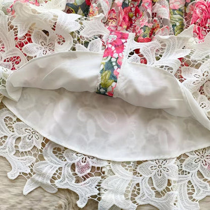 Palace Style Printed Lantern Sleeve V-neck Hollow Hook Embroidery Light Luxury Temperament A-line Dress TP2841