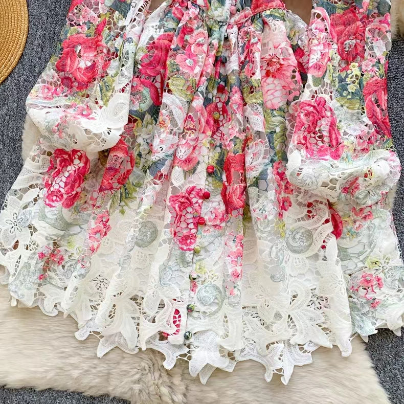 Palace Style Printed Lantern Sleeve V-neck Hollow Hook Embroidery Light Luxury Temperament A-line Dress TP2841