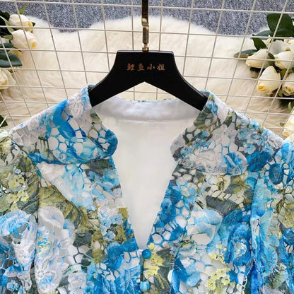 Palace Style Printed Lantern Sleeve V-neck Hollow Hook Embroidery Light Luxury Temperament A-line Dress TP2841