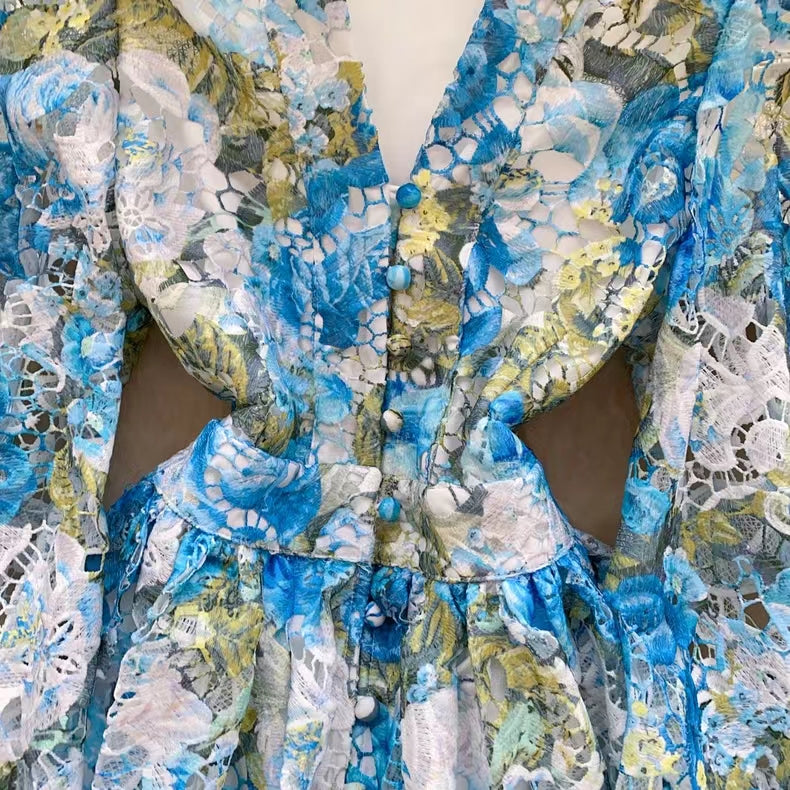 Palace Style Printed Lantern Sleeve V-neck Hollow Hook Embroidery Light Luxury Temperament A-line Dress TP2841