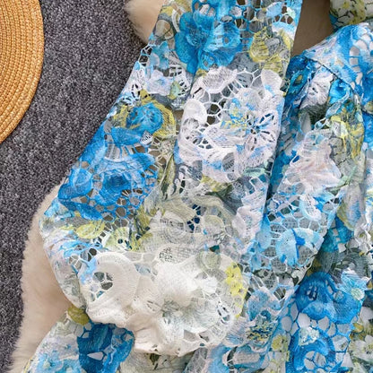 Palace Style Printed Lantern Sleeve V-neck Hollow Hook Embroidery Light Luxury Temperament A-line Dress TP2841