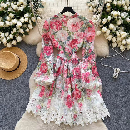 Palace Style Printed Lantern Sleeve V-neck Hollow Hook Embroidery Light Luxury Temperament A-line Dress TP2841