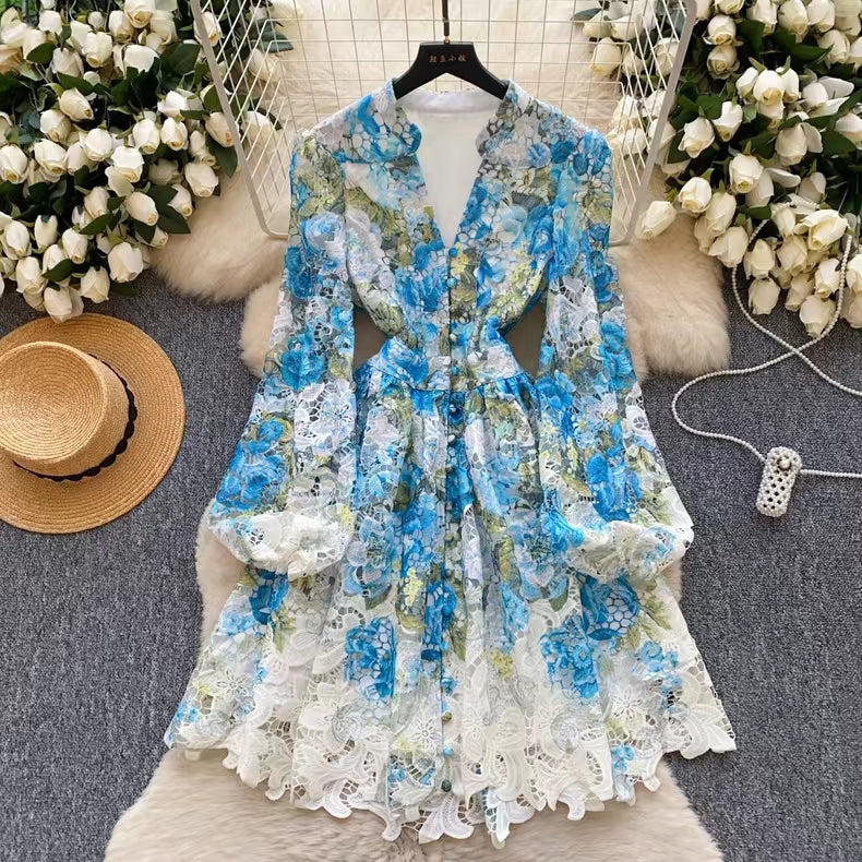 Palace Style Printed Lantern Sleeve V-neck Hollow Hook Embroidery Light Luxury Temperament A-line Dress TP2841