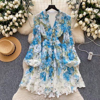 Palace Style Printed Lantern Sleeve V-neck Hollow Hook Embroidery Light Luxury Temperament A-line Dress TP2841