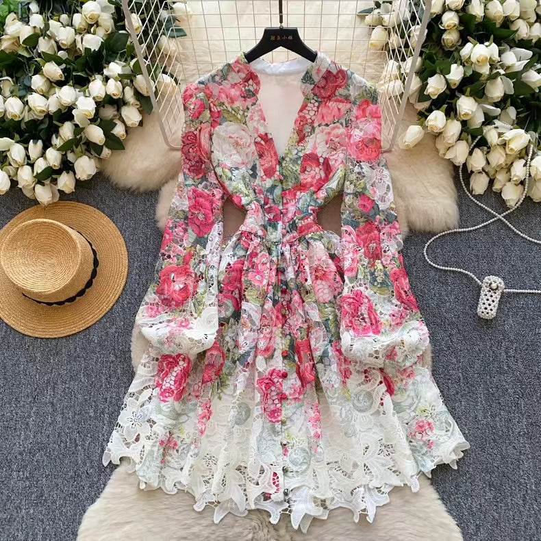 Palace Style Printed Lantern Sleeve V-neck Hollow Hook Embroidery Light Luxury Temperament A-line Dress TP2841