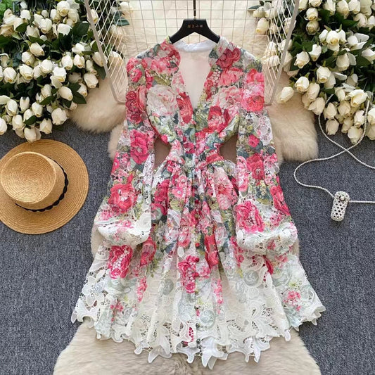 Palace Style Printed Lantern Sleeve V-neck Hollow Hook Embroidery Light Luxury Temperament A-line Dress TP2841
