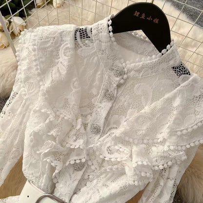 New Vintage Cuff Design Single-breasted High-waisted Lace Embroidery Dress TP2844